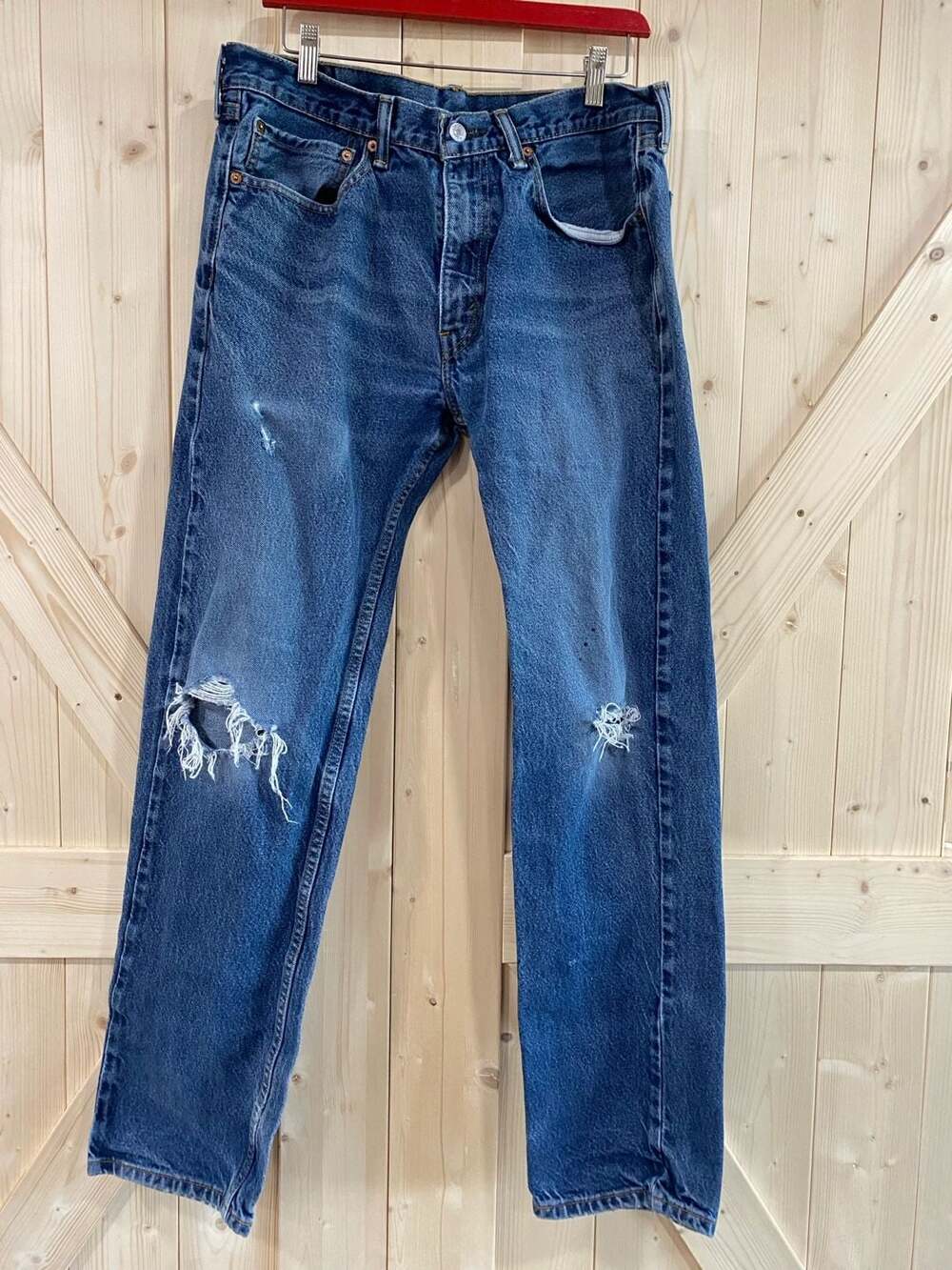 Levi'S 505 Regular Fit Jeans Size 34x34 Distressed Blue Denim